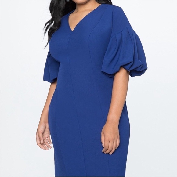 NWT Eloquii Puff Sleeve V Neck Scuba Dress‎ in Blue Size 16 - Picture 1 of 11